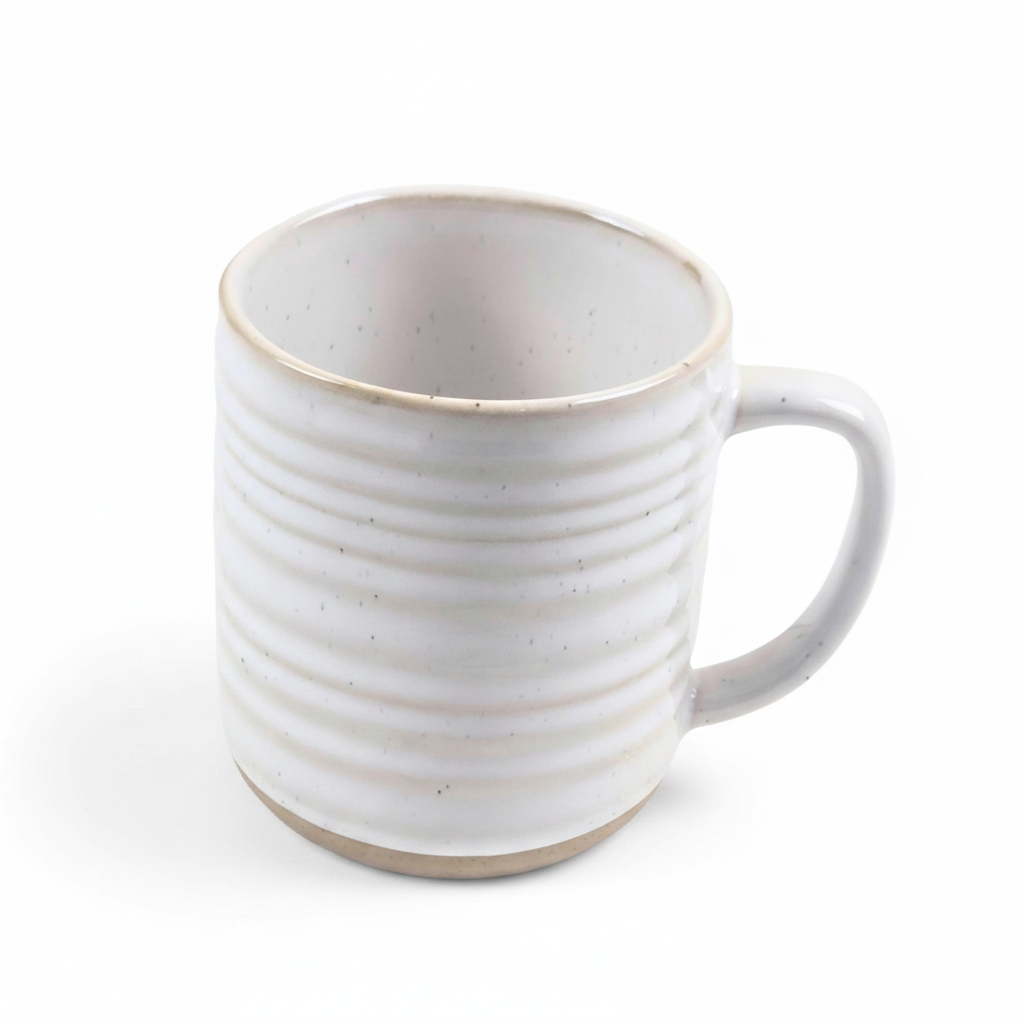 A white ceramic mug with a handle, featuring horizontal ribbed texture and subtle speckles, with a natural beige rim and base, shown on a white background.