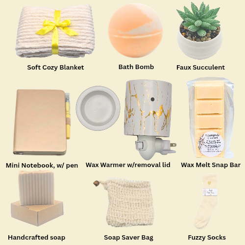 Collection of self-care products including a blanket, bath bomb, succulent plant, and more on a light beige background.