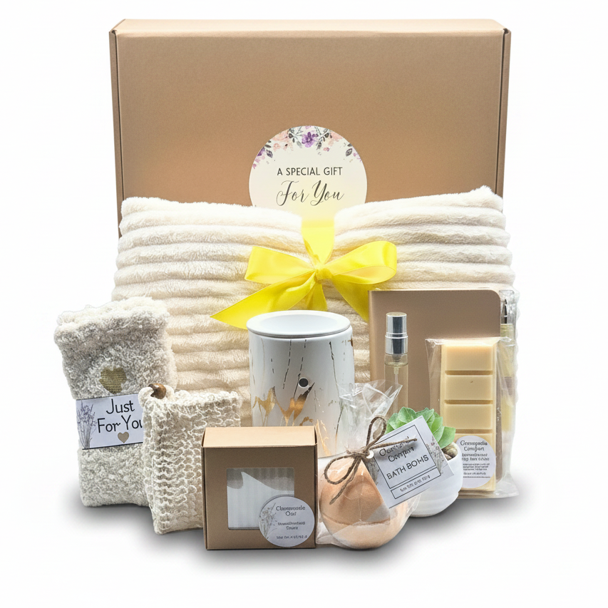 Gift set for women. The set includes wax warmer, chamomile wax melts, a cream-colored blanket with a yellow ribbon, a mug, a soap bar with soap saver bag, a small succulent, cozy socks, a bath bomb, and notebook with pen.