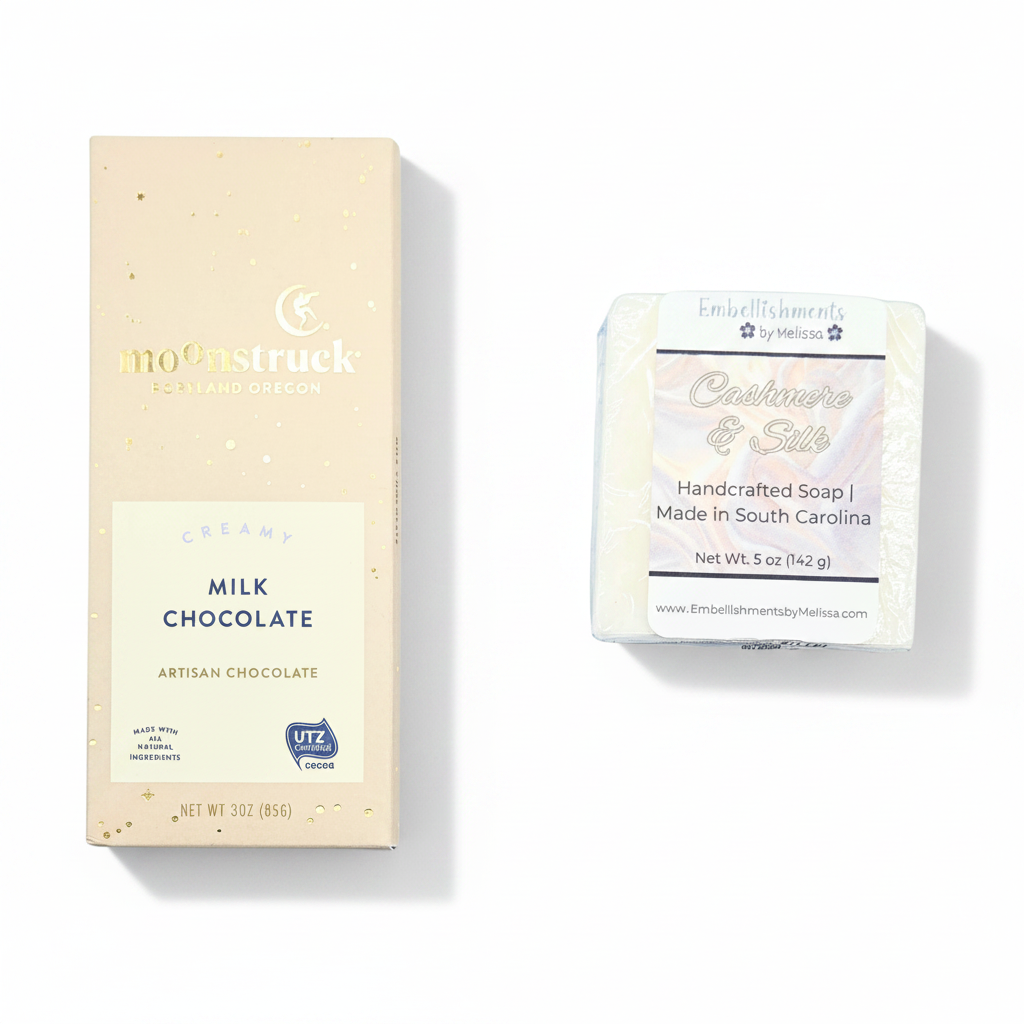Handcrafted Soap and a milk chocolate bar shown on a clean white background.