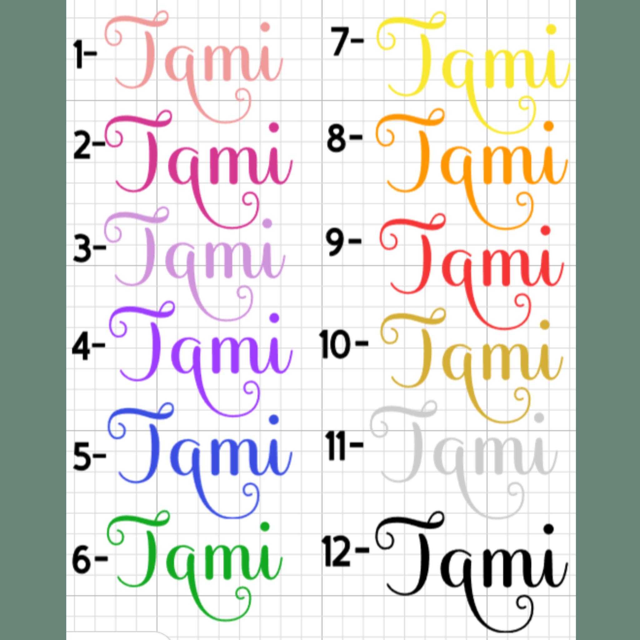 Color chart for name on box top.