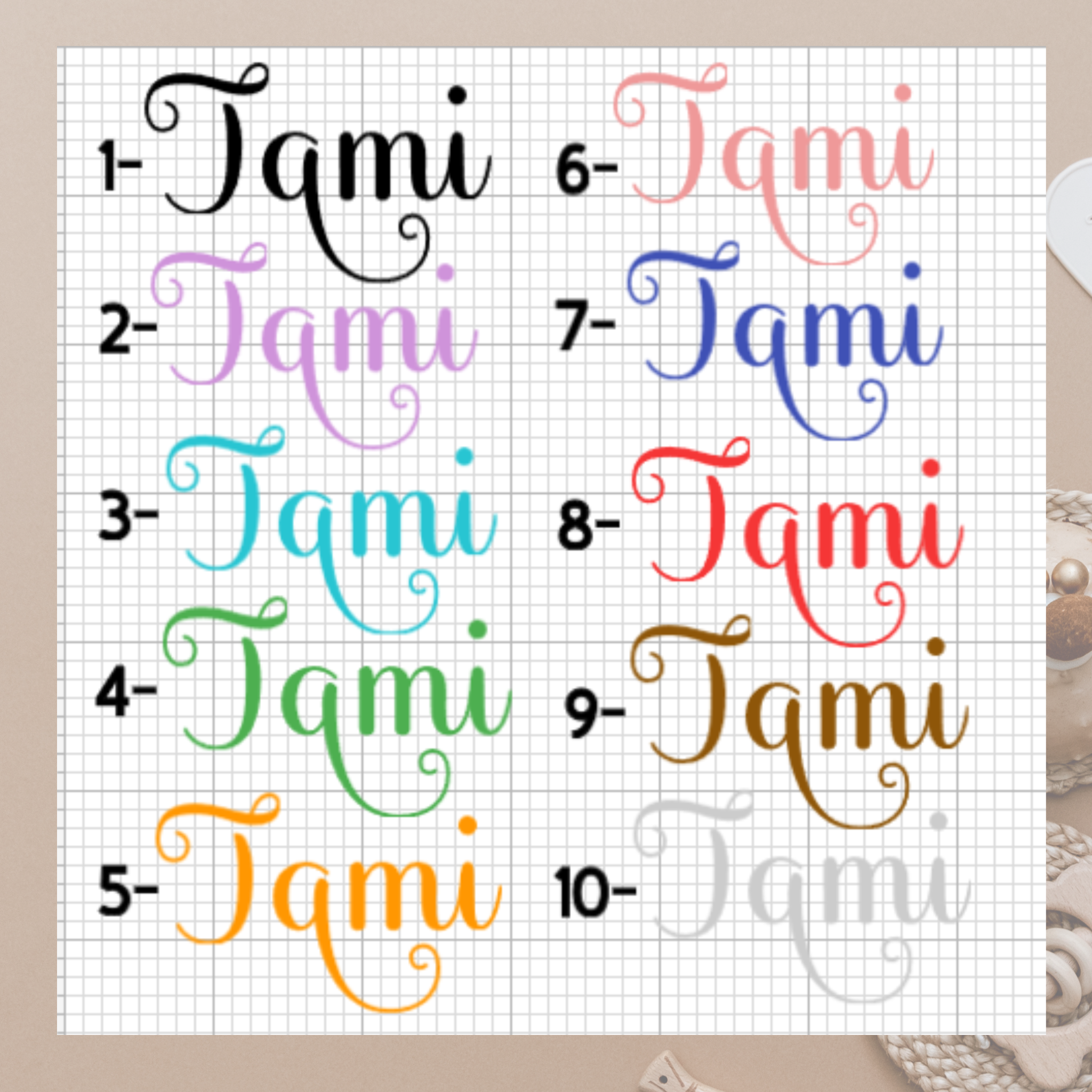 Colors for name customization on box top.