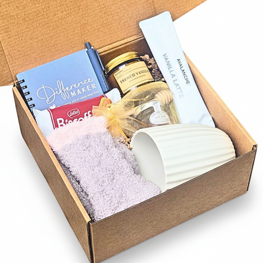 A curated gift box set in a brown kraft box, featuring a light blue 'Difference Maker' notebook, honey with dipper, a French Vanilla candle, a white ceramic mug, cozy socks, and a vanilla latte mix packet.
