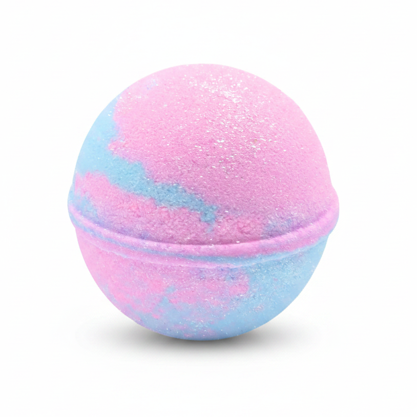 A spherical bath bomb with a marbled pink and light blue color pattern and fine glitter, shown on a clean white background.