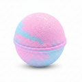 A spherical bath bomb with a marbled pink and light blue color pattern and fine glitter, shown on a clean white background.