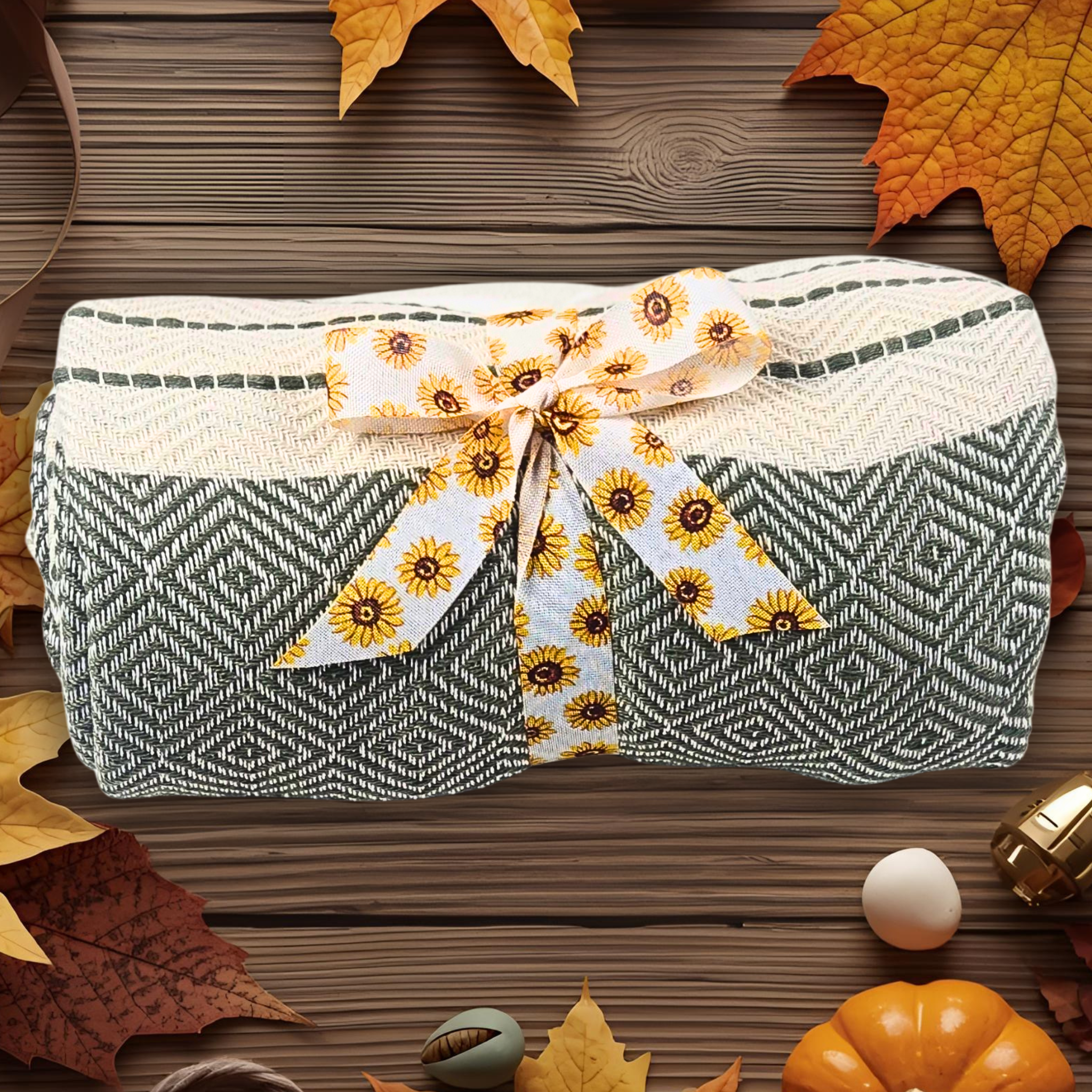 Patterned throw with a decorative bow on a wooden surface with autumn leaves.