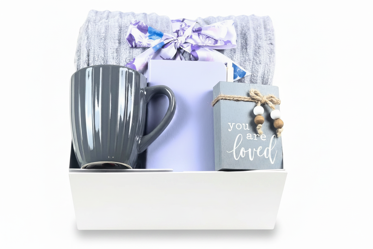 Gift set with a throw, mug, mini notebook with pen, and small affirmation sign on a  white surface.