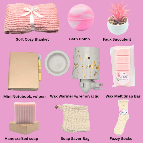 Collection of home and self-care products on a pink background