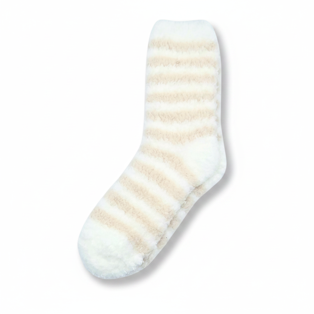 Fluffy socks with horizontal beige and white stripes, shown against a plain white background.