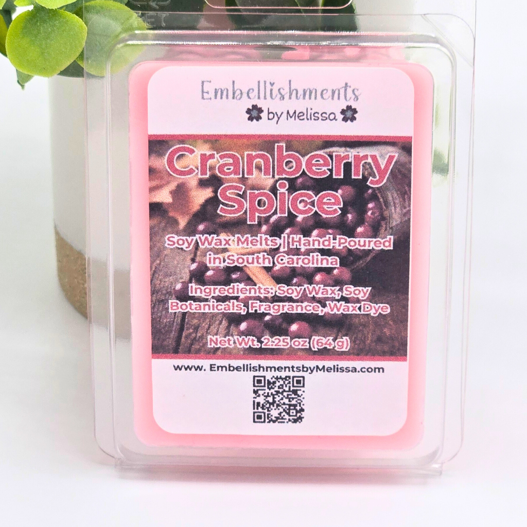 Cranberry Spice soy wax melt package with a pink label on a white background
