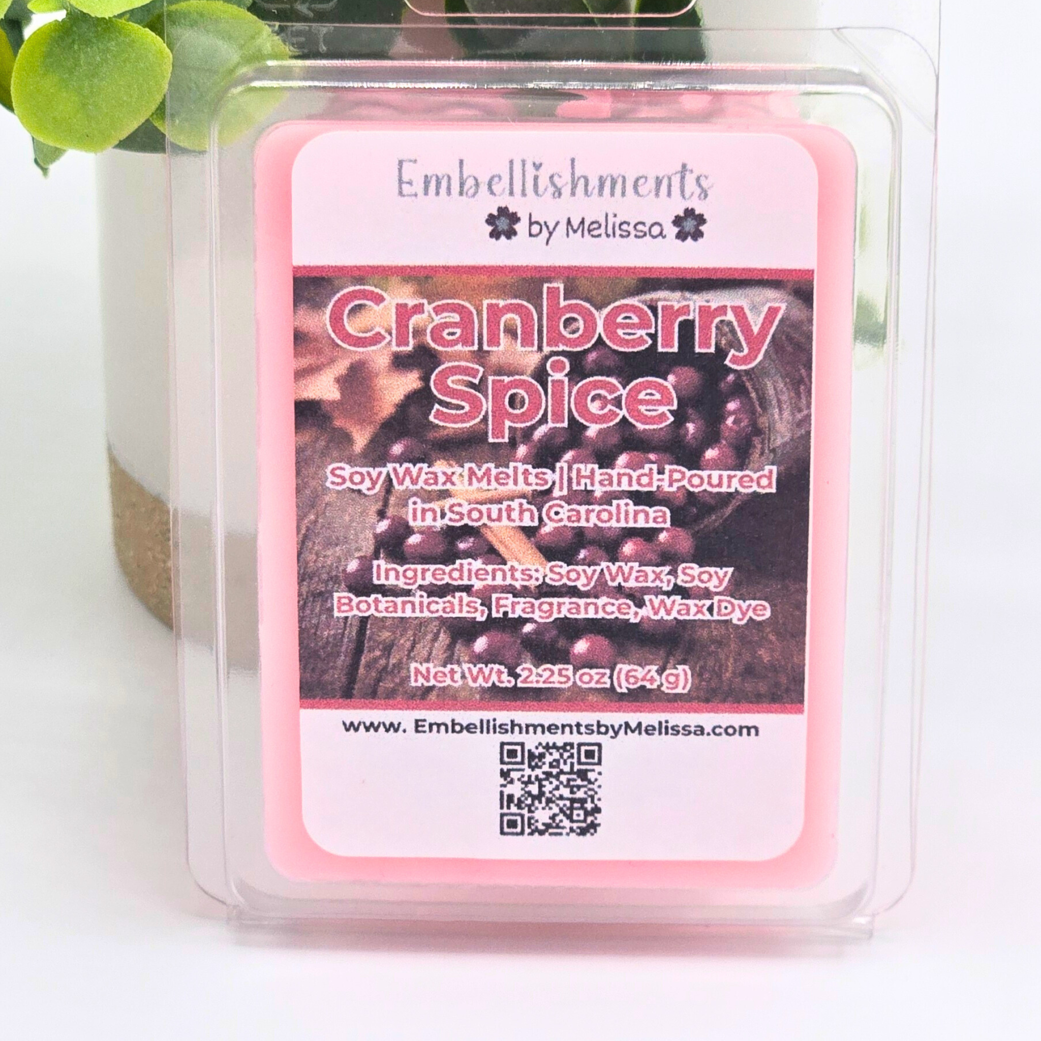 Cranberry Spice soy wax melt package with a pink label on a white background