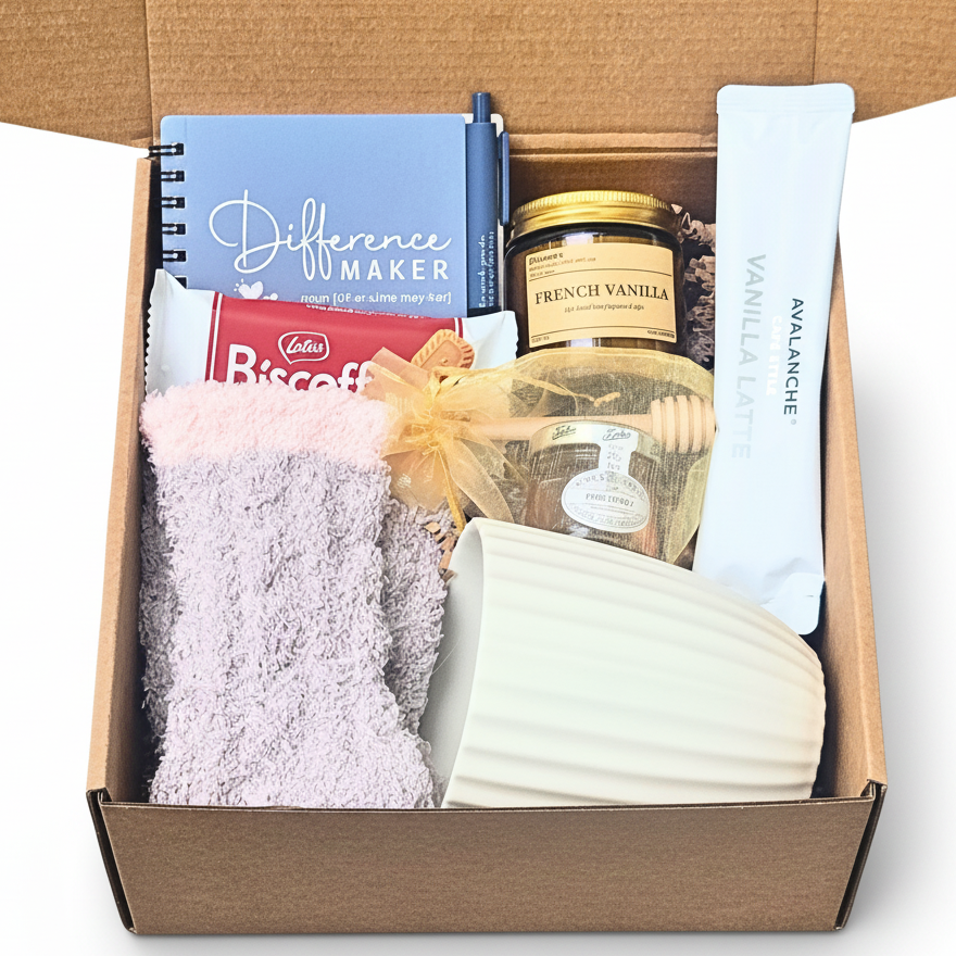 A curated gift box set in a brown kraft box, featuring a light blue 'Difference Maker' notebook, a French Vanilla candle, honey with dipper, a pack of Avalanche Vanilla Latte, fuzzy socks, a white ribbed ceramic cup and Biscoff cookies.