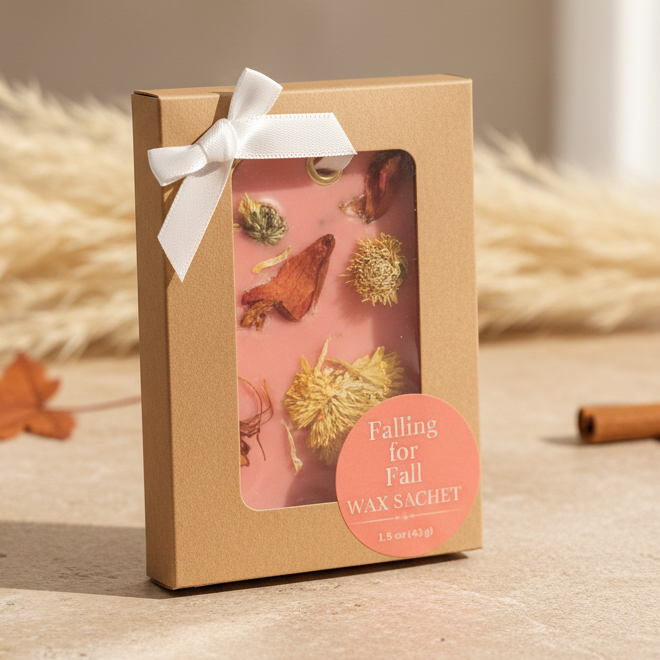 A kraft paper box containing a 'Falling for Fall' wax sachet, featuring a clear window that displays dried flowers on an orange coral wax base. The box is decorated with a white ribbon bow and a circular sticker, set against a warm background.