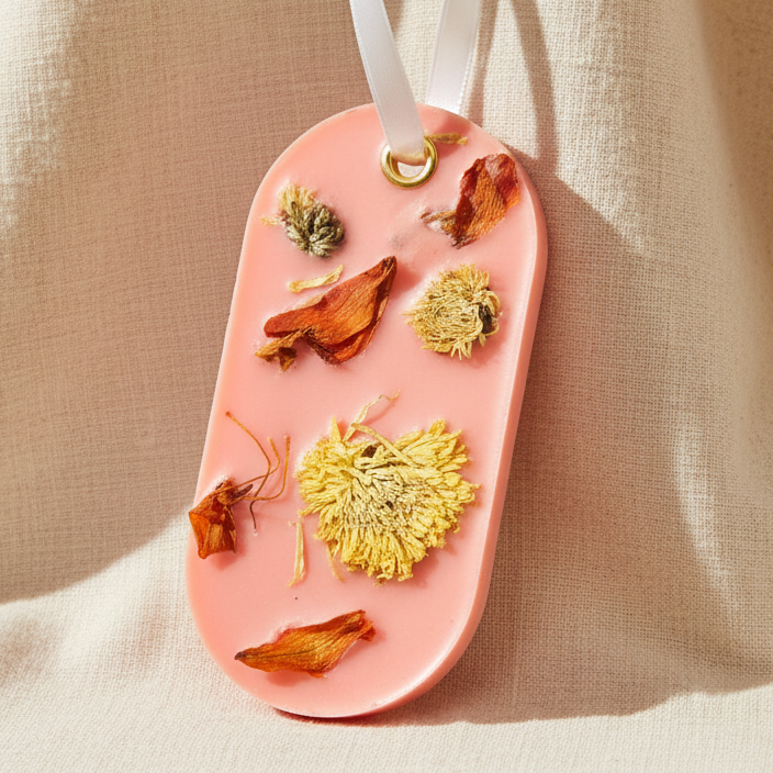 An orange coral oval-shaped decorative wax sachet or with dried flowers and botanical pieces embedded in it, hanging from a white ribbon on a beige fabric background.