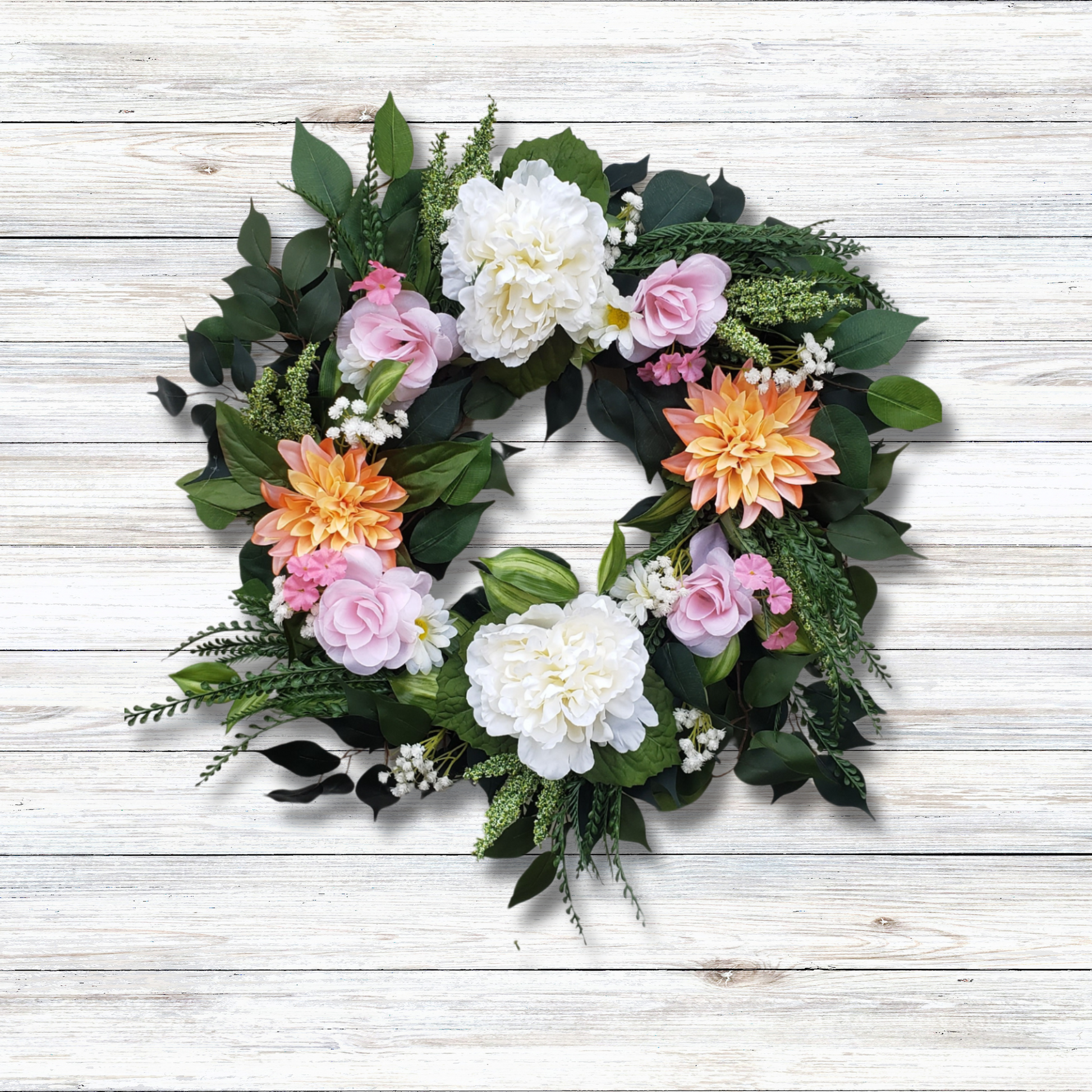 Farmhouse Style Floral Wreath, front view.
