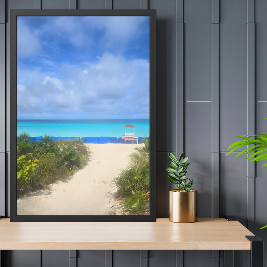 Framed Poster of the Beach in the Bahamas, front view.