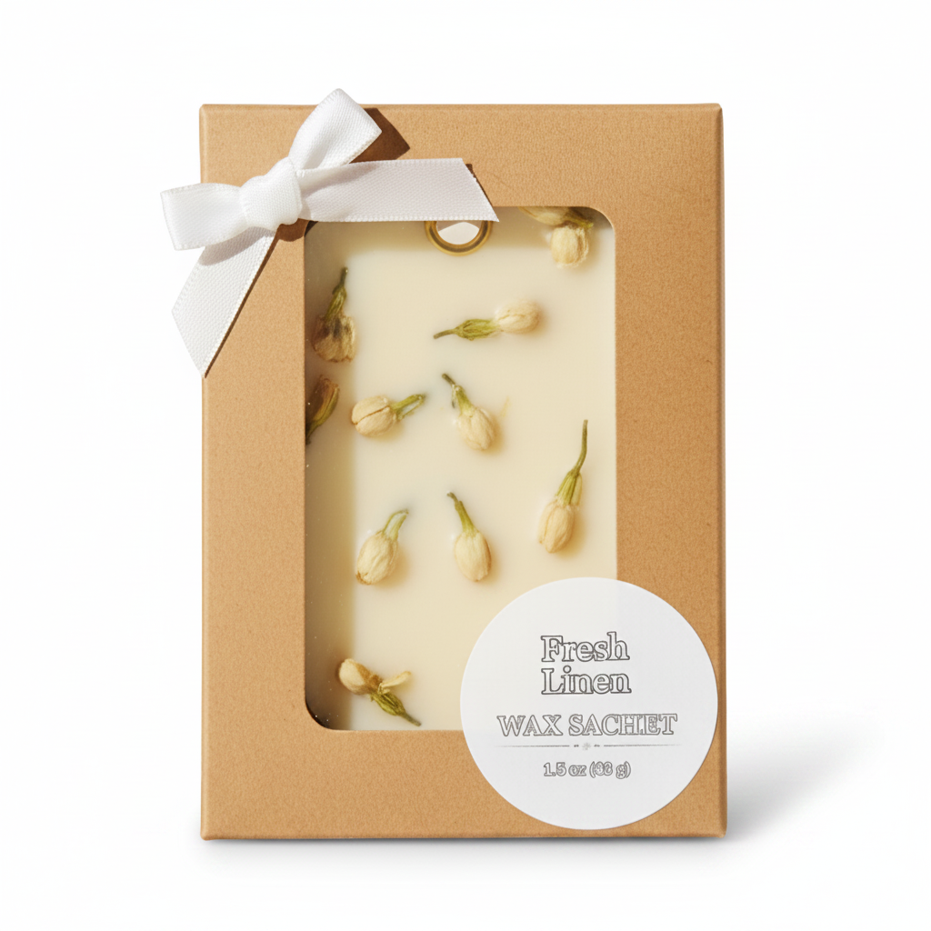 A packaged wax sachet in a square kraft paper box with a clear window showing pale cream wax inside, decorated with small dried flower buds. A white ribbon bow is tied at the top left, and a round white label reads 'Fresh Linen WAX SACHET' on a plain white background.
