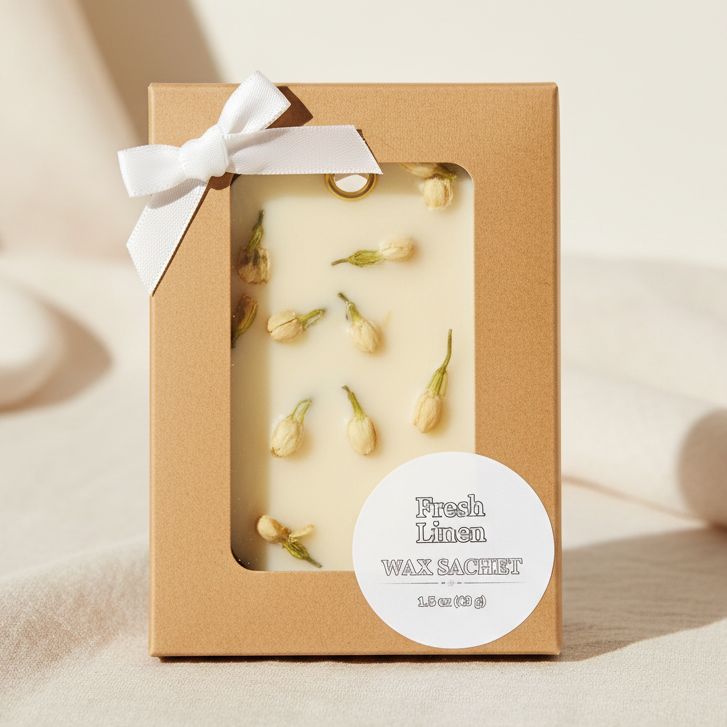 A packaged wax sachet set in a brown kraft box with a clear window, white ribbon bow, and a round white label reading 'Fresh Linen Wax Sachet'.