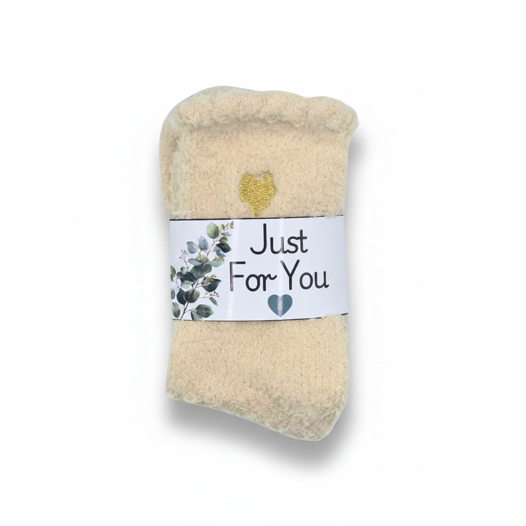 A pair of beige fuzzy socks wrapped in a white paper band that reads 'Just For You' with a small gold heart and floral illustration, shown on a white background.