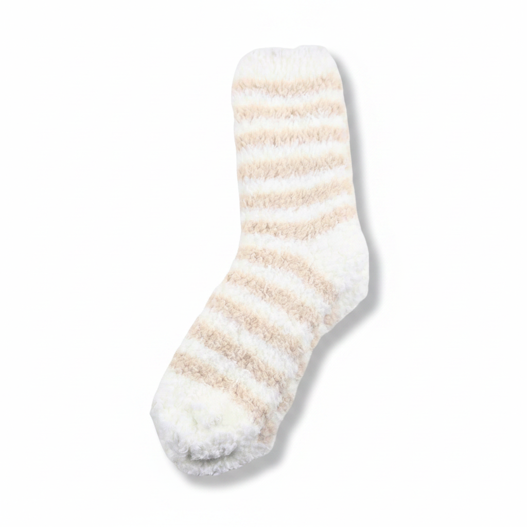A single plush fuzzy sock with horizontal beige and white stripes, styled on a light surface.