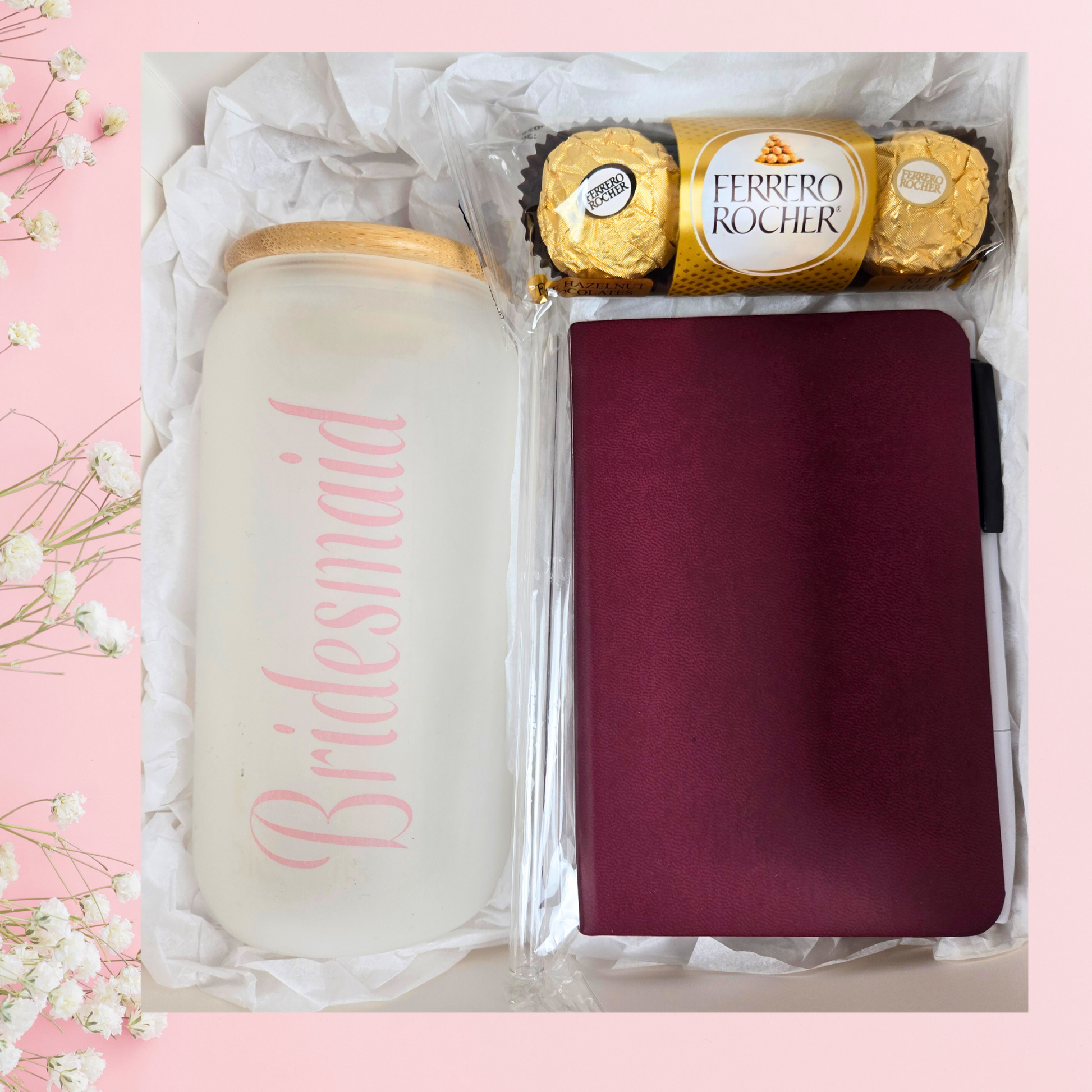 Bridesmaid gift box including glass can, notebook with pen and chocolates.