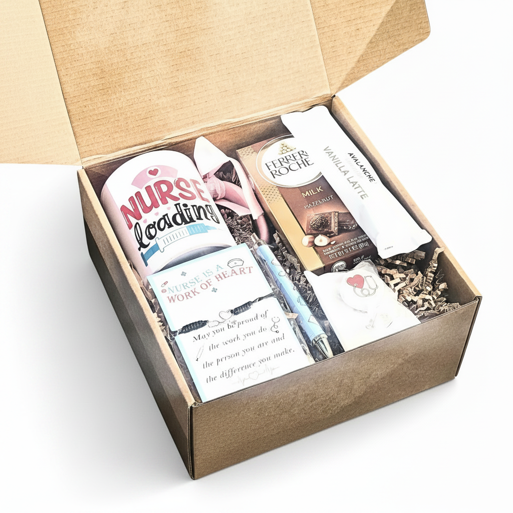 An open kraft cardboard gift box containing a variety of items, including a mug, a chocolate bar, a bracelet, a pen, and a retractable lanyard, set against a plain white background.