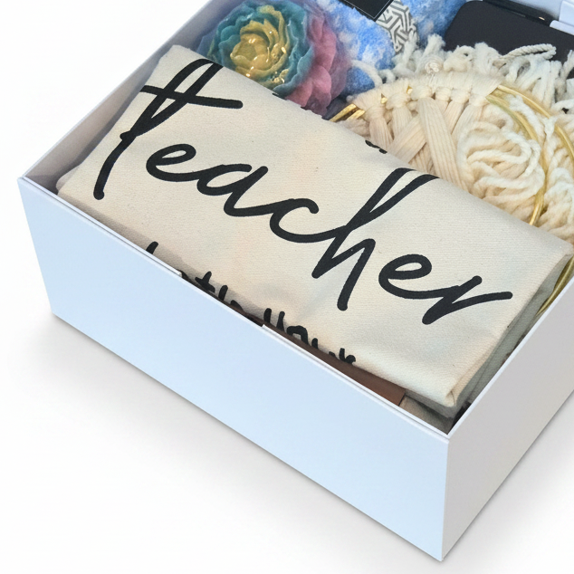 A folded cream canvas tote bag inside a white gift box, surrounded by notebook, handcrafted flower soap and wall decor.