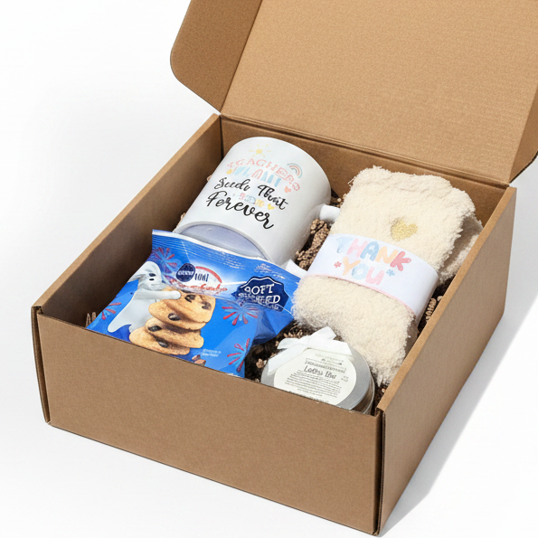 A curated gift box set in a brown kraft box, featuring a white ceramic mug with text, cozy cream-colored plush socks, a blue bag of soft cookies, and a small round tin lotion bar, all arranged on a white background.