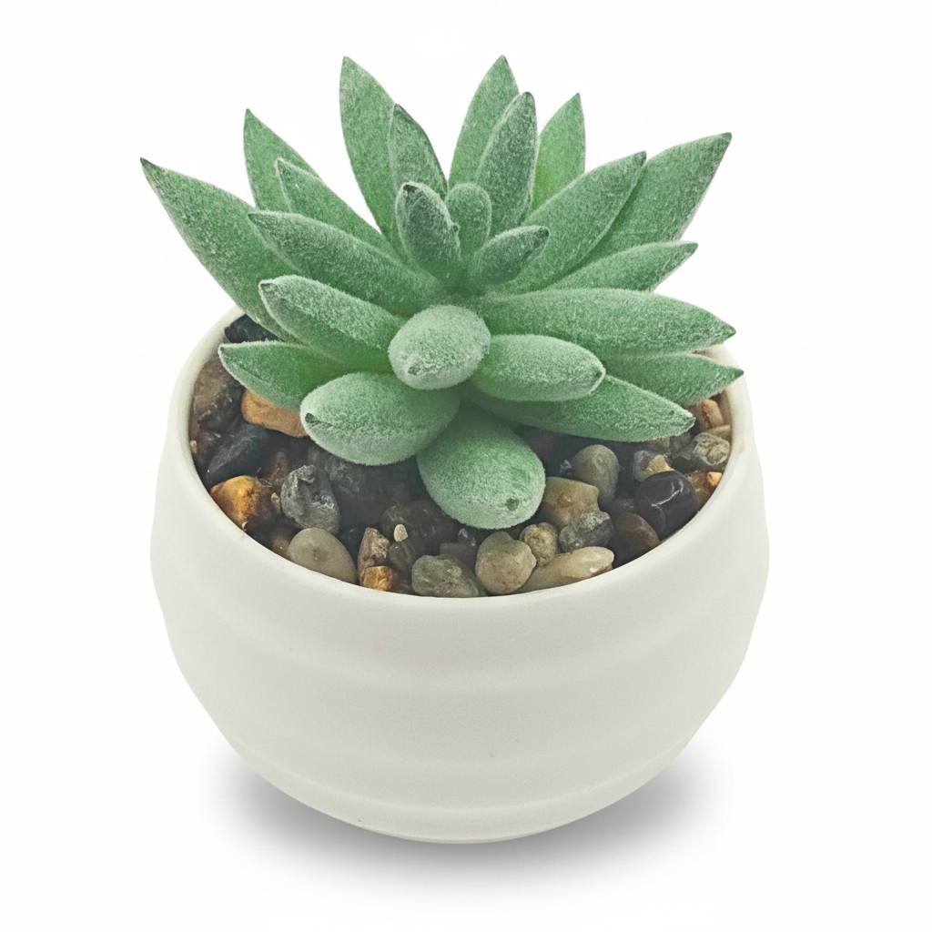 A small green succulent plant with fleshy leaves arranged in a white ceramic pot filled with small decorative pebbles, photographed on a clean white background.