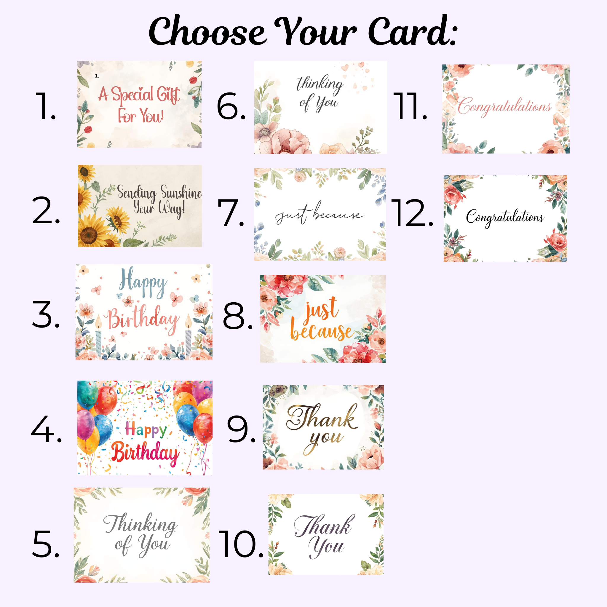Set of 12 gift cards with various designs and messages on a light-colored background.