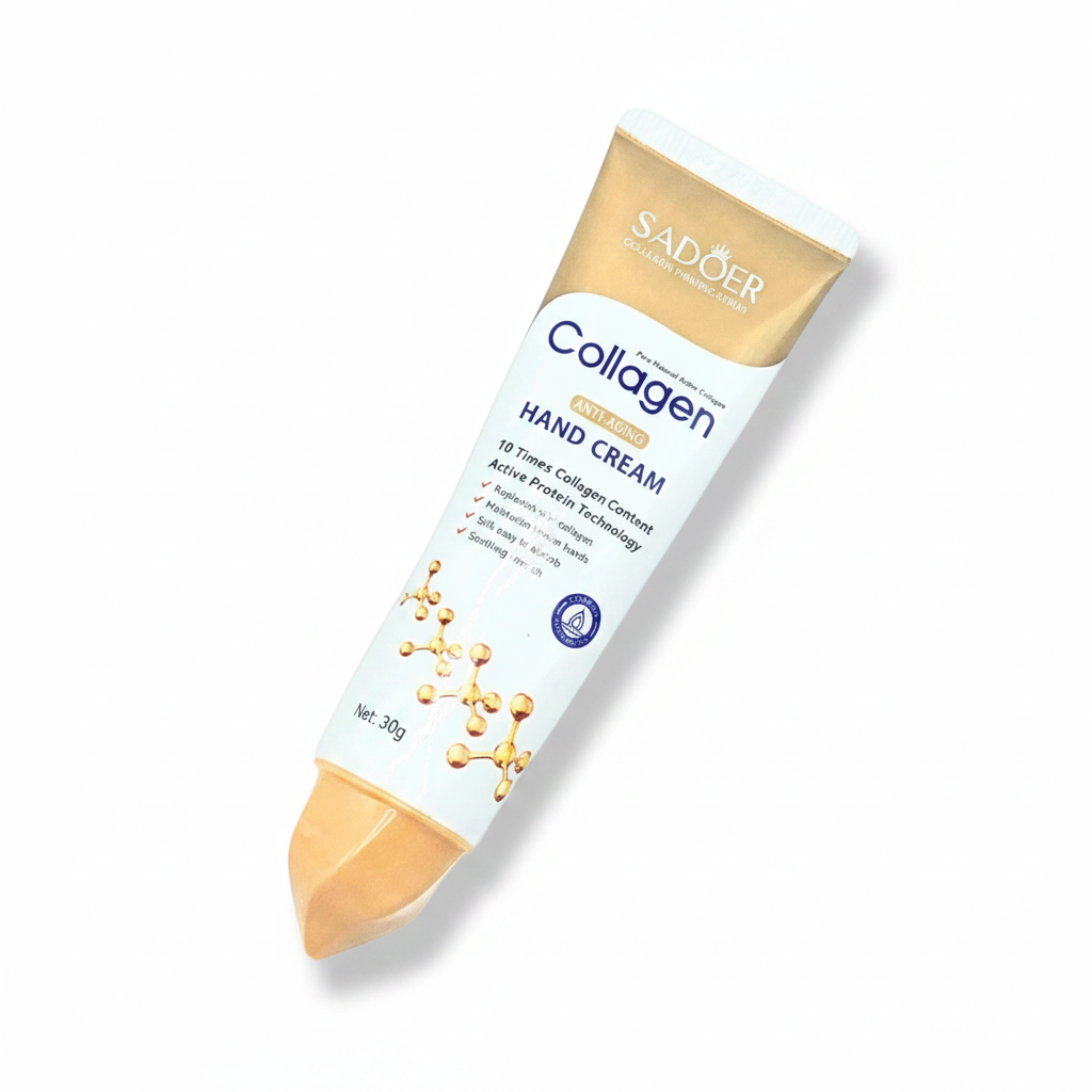 A squeeze tube of Collagen Hand Cream, featuring a white and gold design, shown on a clean white background with a soft shadow.