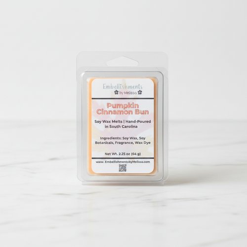 Soy wax melt cubes with rich pumpkin cinnamon scent for autumn home fragrance, front view.