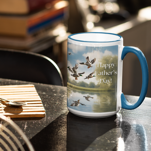 Father's Day Mallard Duck Mug – 11oz & 15oz Gift for Dad, front view in blue.