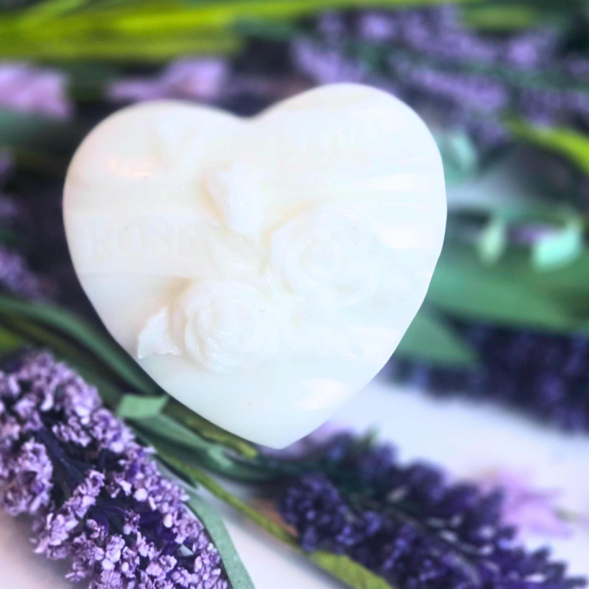 Bridal shower gift set featuring heart-shaped lavender goat milk soaps, front view.