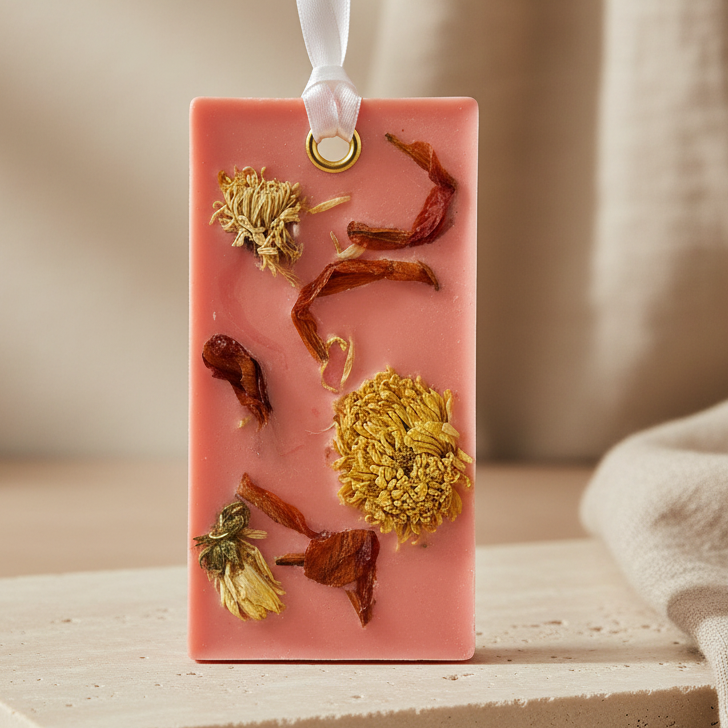 A rectangular orange wax sachet with dried flowers embedded inside, hanging from a white ribbon loop with a gold ring, set on a light surface with a soft beige background.