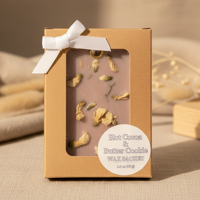 A packaged wax melt or candle wax sachet in a kraft paper box with a white ribbon bow and a round label reading 'Hot Cocoa & Butter Cookie Wax Sachet.' The box has a clear window showing light brown wax with dried flower petals inside, photographed on a neutral beige surface with softly blurred decorative props in the background.