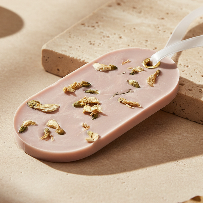 A light brown oval-shaped wax sachet with dried flower petals embedded in it, resting on a textured beige stone slab with a white ribbon loop attached.