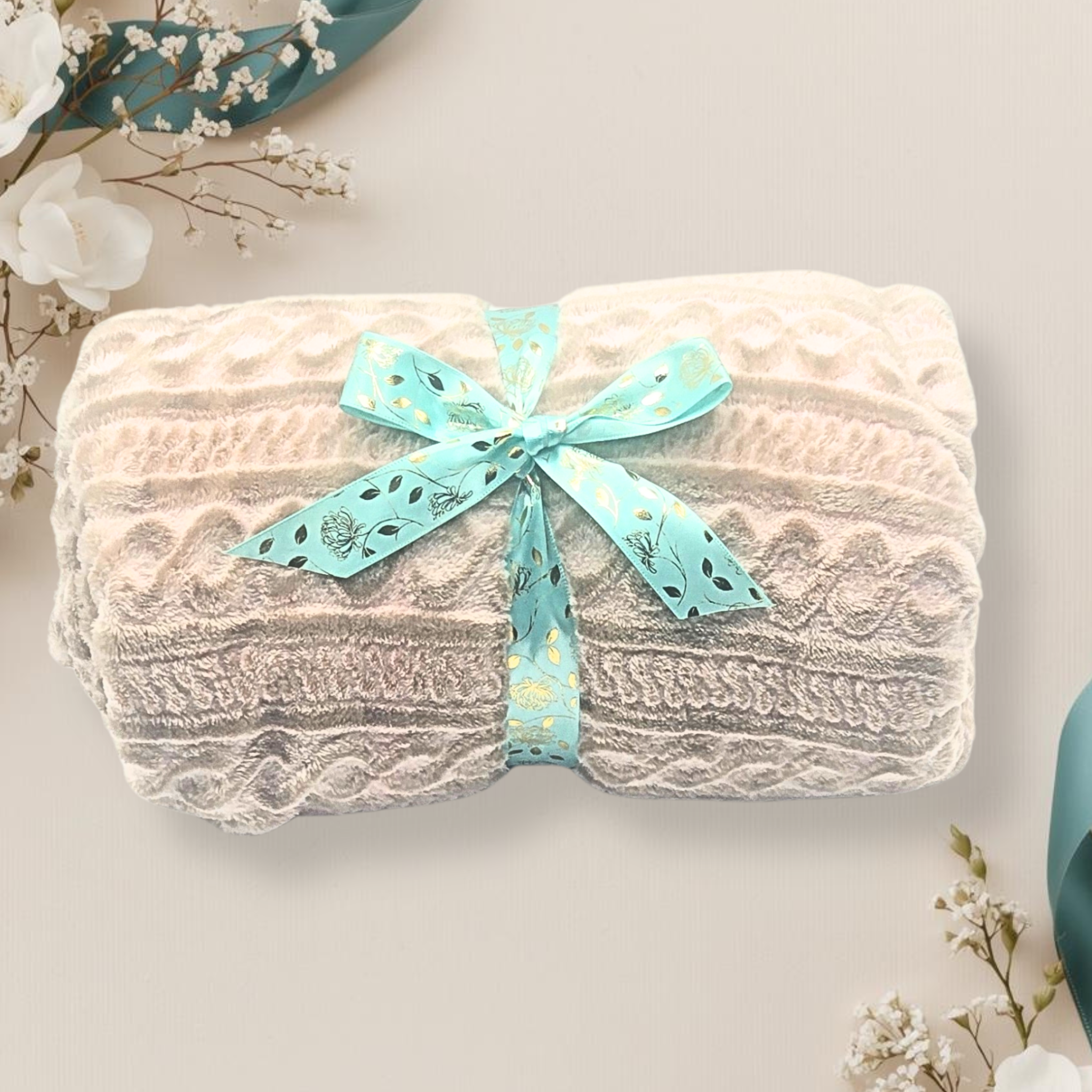 White textured blanket with a turquoise ribbon on a light background