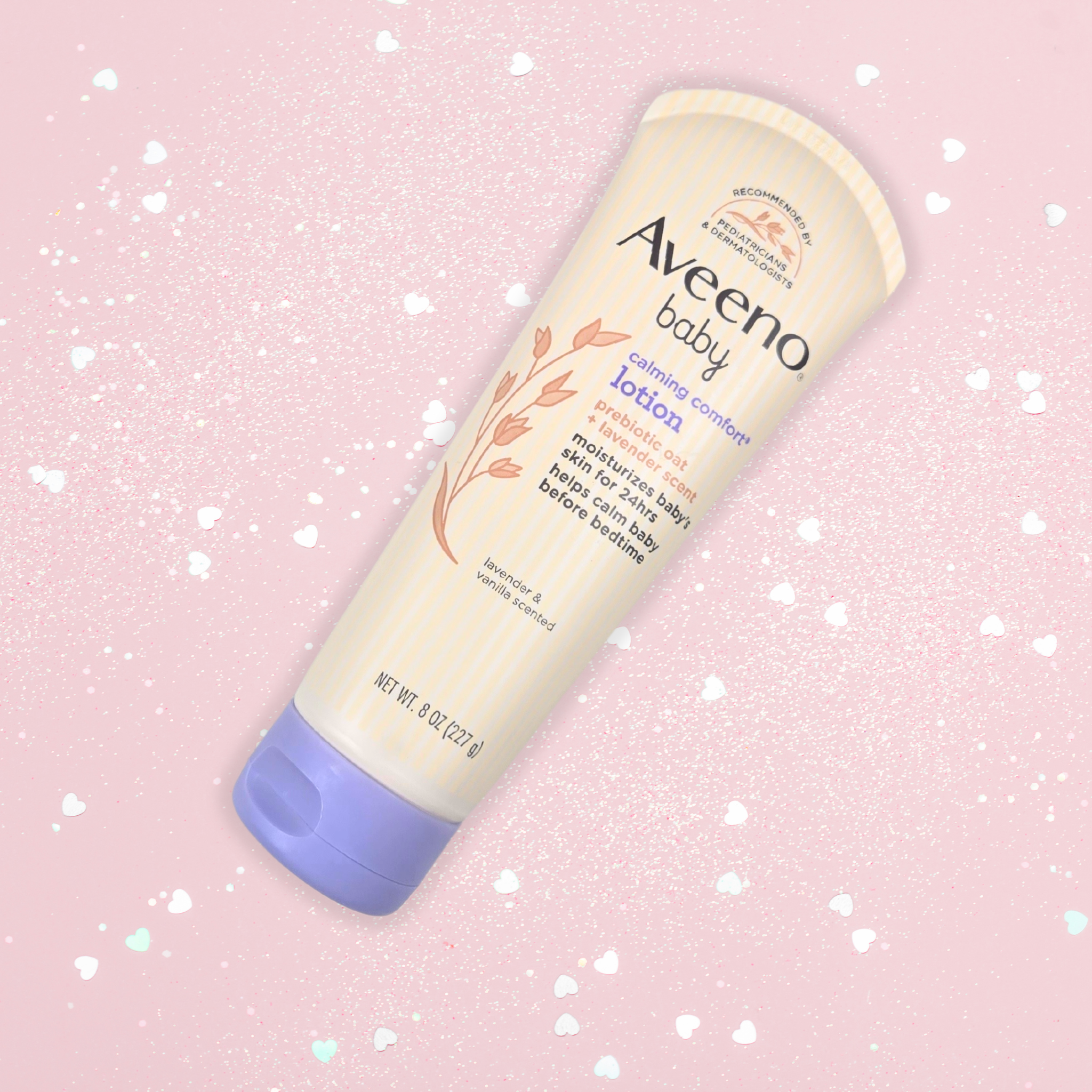 Gentle lavender baby lotion, part of baby girl gift box, front view.