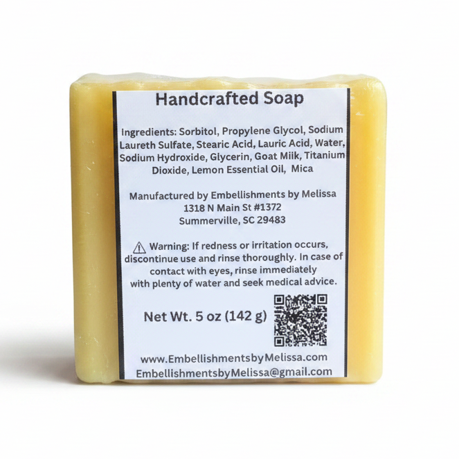 Invigorating lemon-scented handmade soap in bright yellow, back view.
