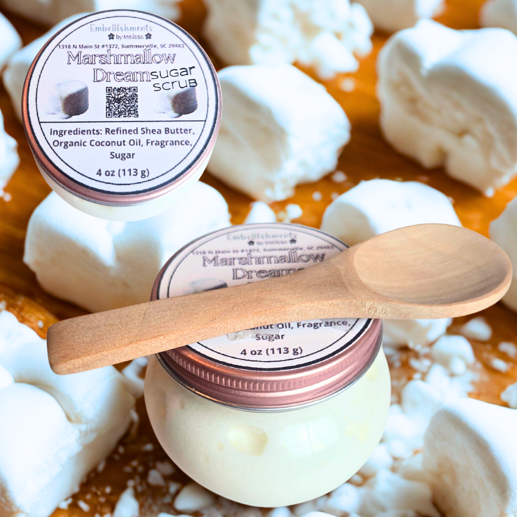White whipped sugar scrub labeled Marshmallow Dream in a jar, made with coconut oil and shea butter.