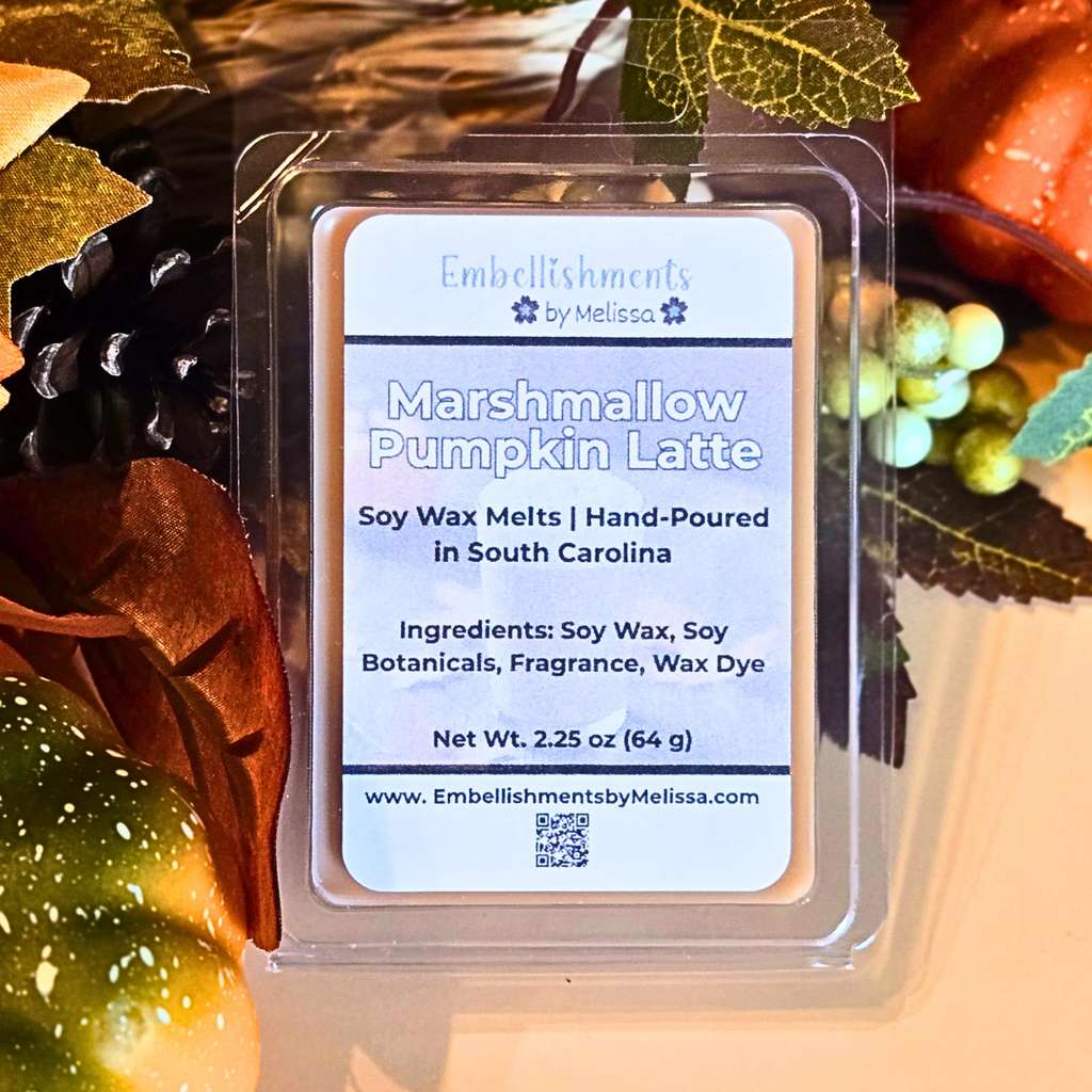 Soy wax melt package labeled 'Marshmallow Pumpkin Latte' with decorative elements.