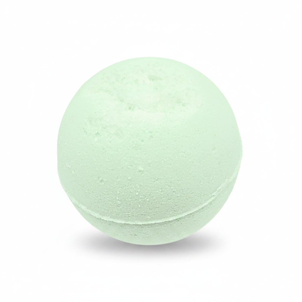 A pale mint green spherical bath bomb with a textured, porous surface, shown on a clean white background with a soft shadow underneath.