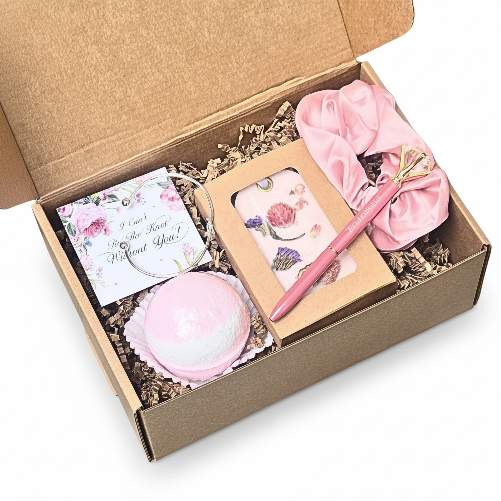 Gift set with pink scrunchie, pen, wax sachet, and bath bomb in a box on a pink floral background