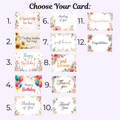 Set of 12 customizable gift cards with various designs and messages on a white background.