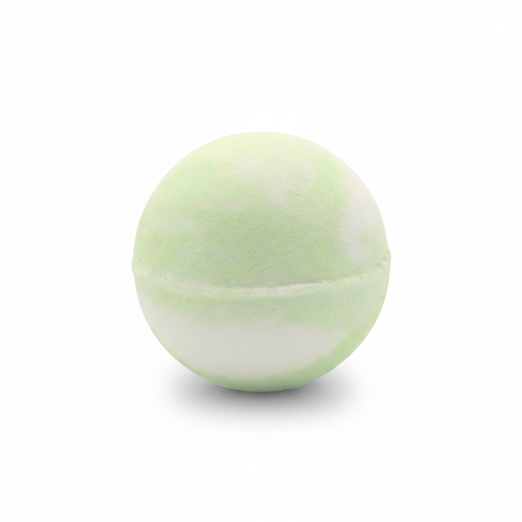 A spherical bath bomb with a marbled light green and white color pattern, shown on a clean white background.