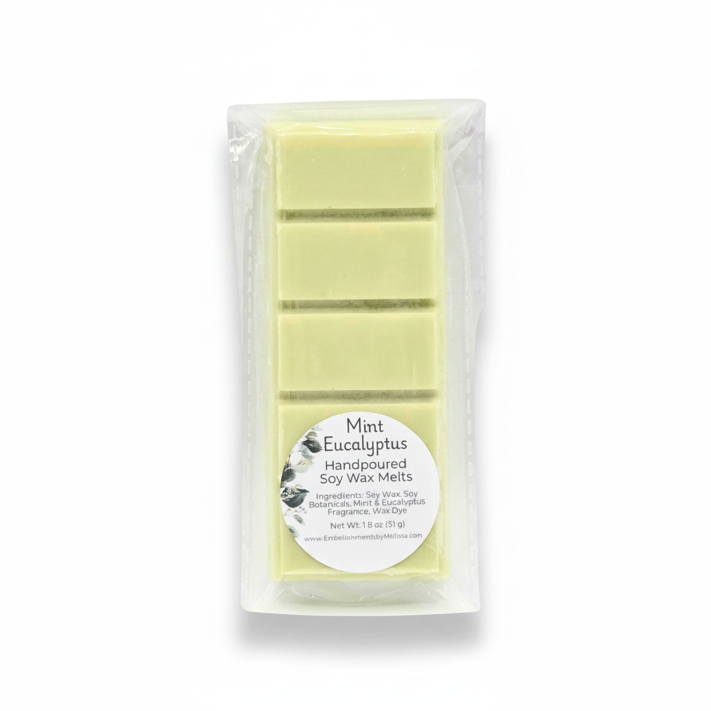 A packaged bar of mint eucalyptus handpoured soy wax melts in a clear plastic sleeve with a white circular label, shown on a white background.