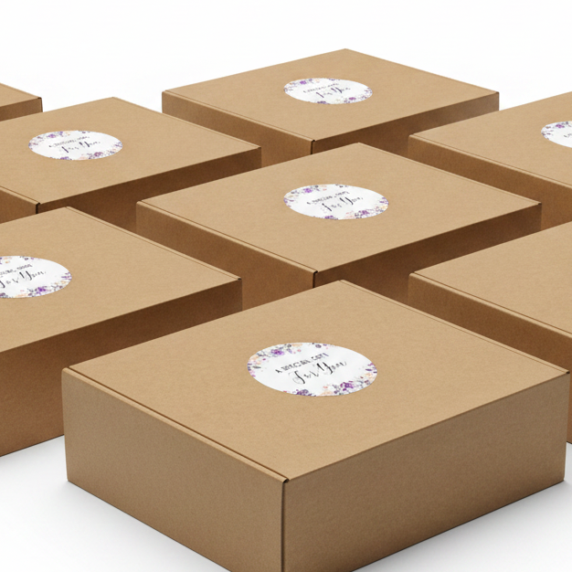 A set of square kraft cardboard gift boxes arranged on a white background, each topped with a round white sticker that reads 'A Special Gift For You' with a small floral border.