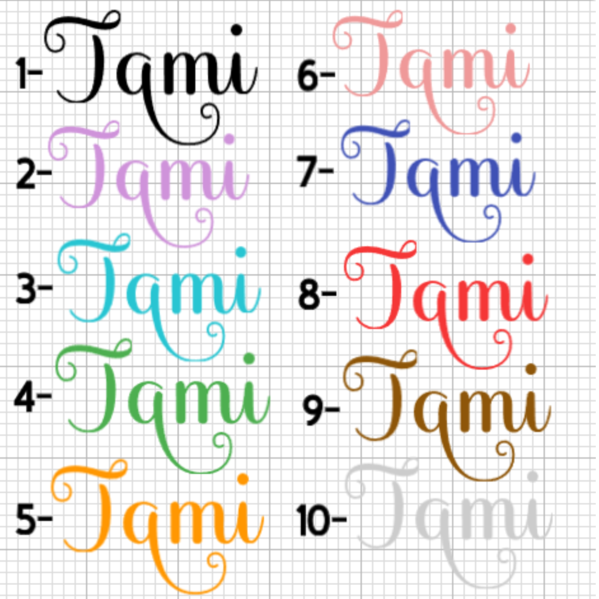 Color swatches with the name 'Tami' in various colors on a grid background