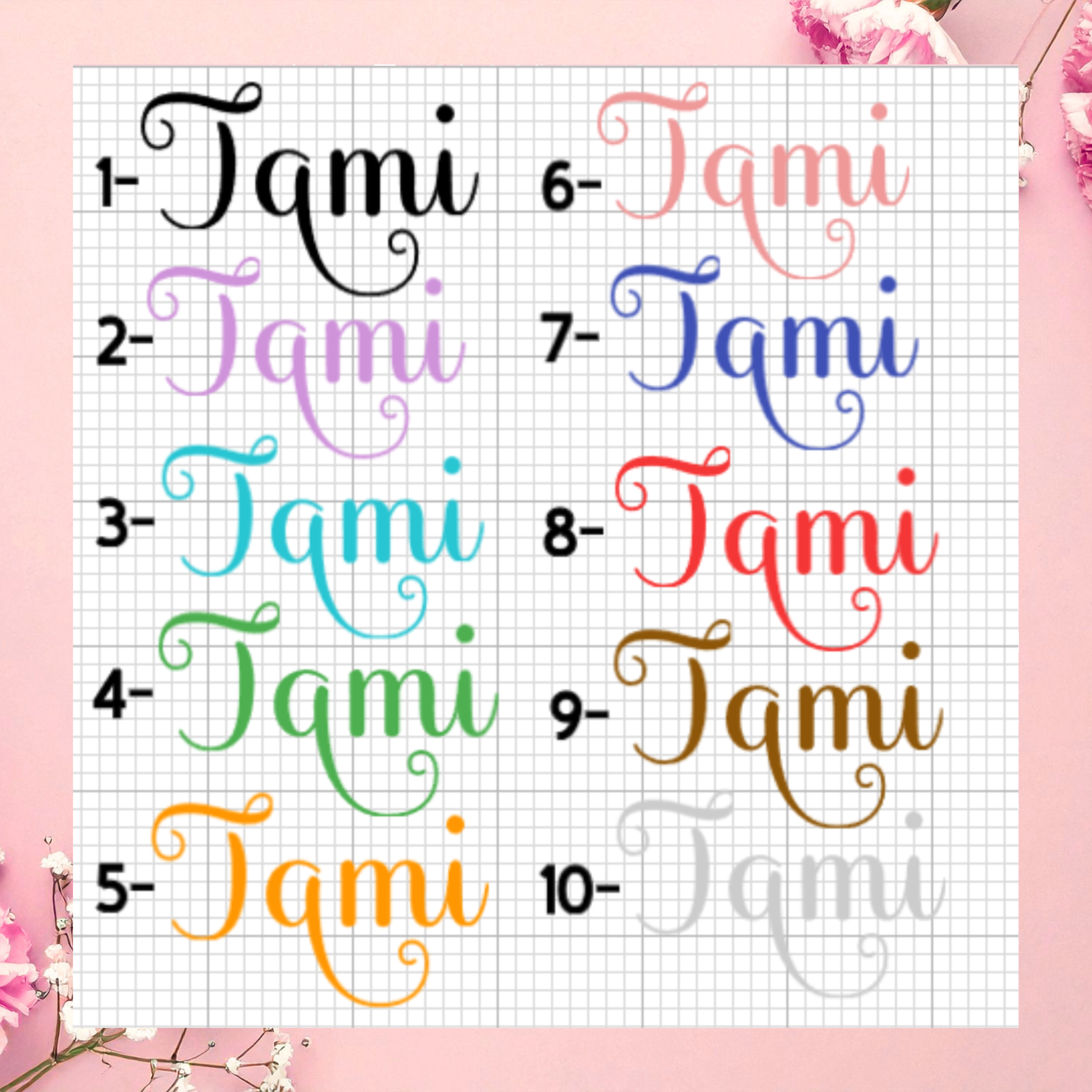 Color swatches with 'Tami' text in various colors on a grid background.